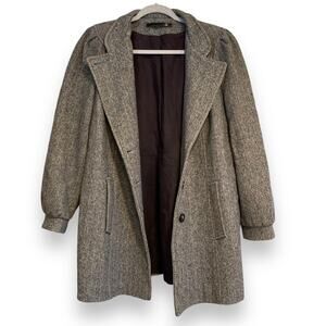 Vintage 80s Single Breast Black White Herringbone Wool Nylon Leg Of Mutton Coat